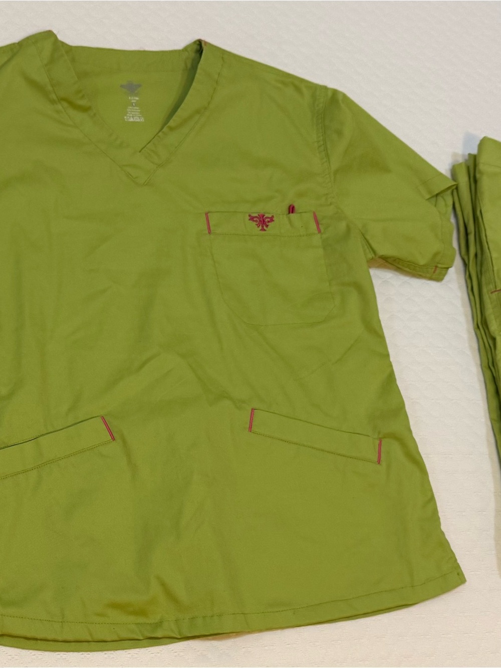 Med Couture scrub set Lime Green with pink accents. V-Neck Top and cargo pants.